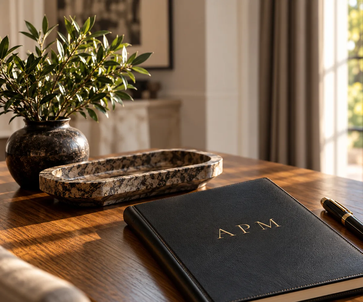 A black leather APM folio and pen on a walnut table in morning light