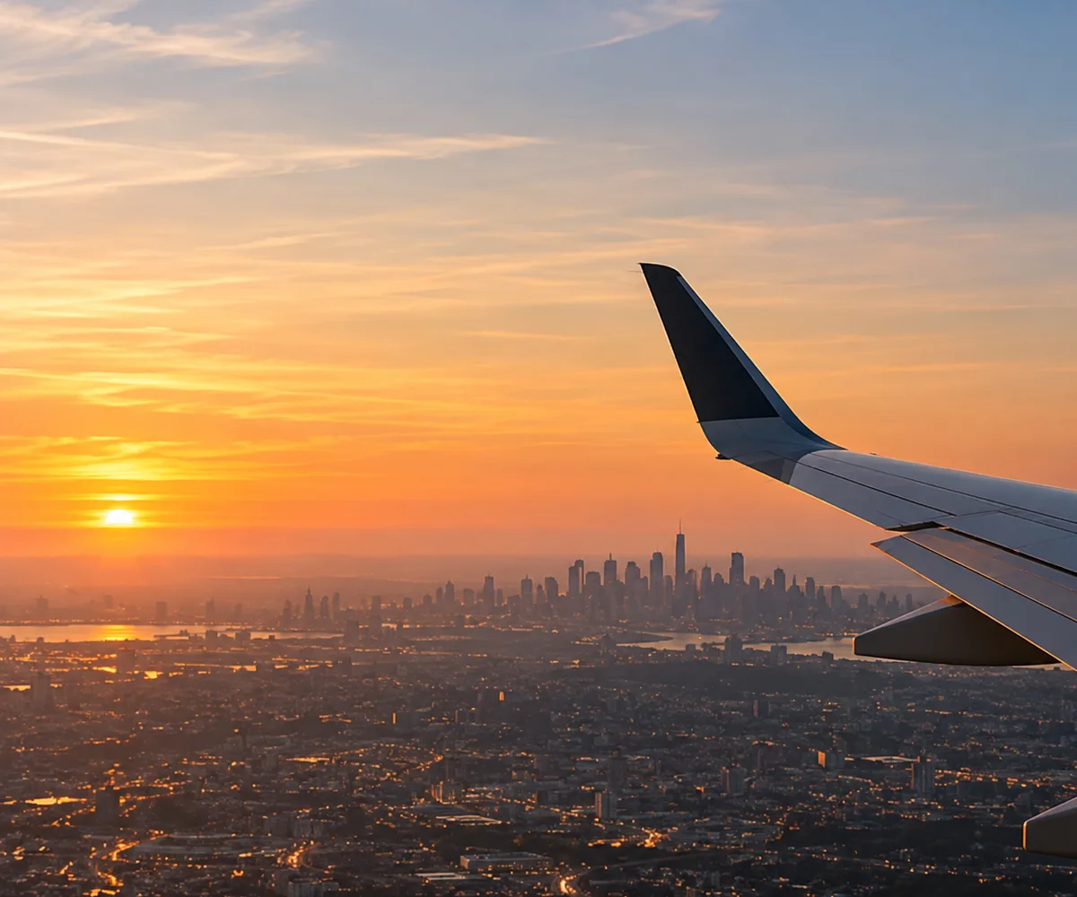 An aircraft wing above a city skyline at sunset
