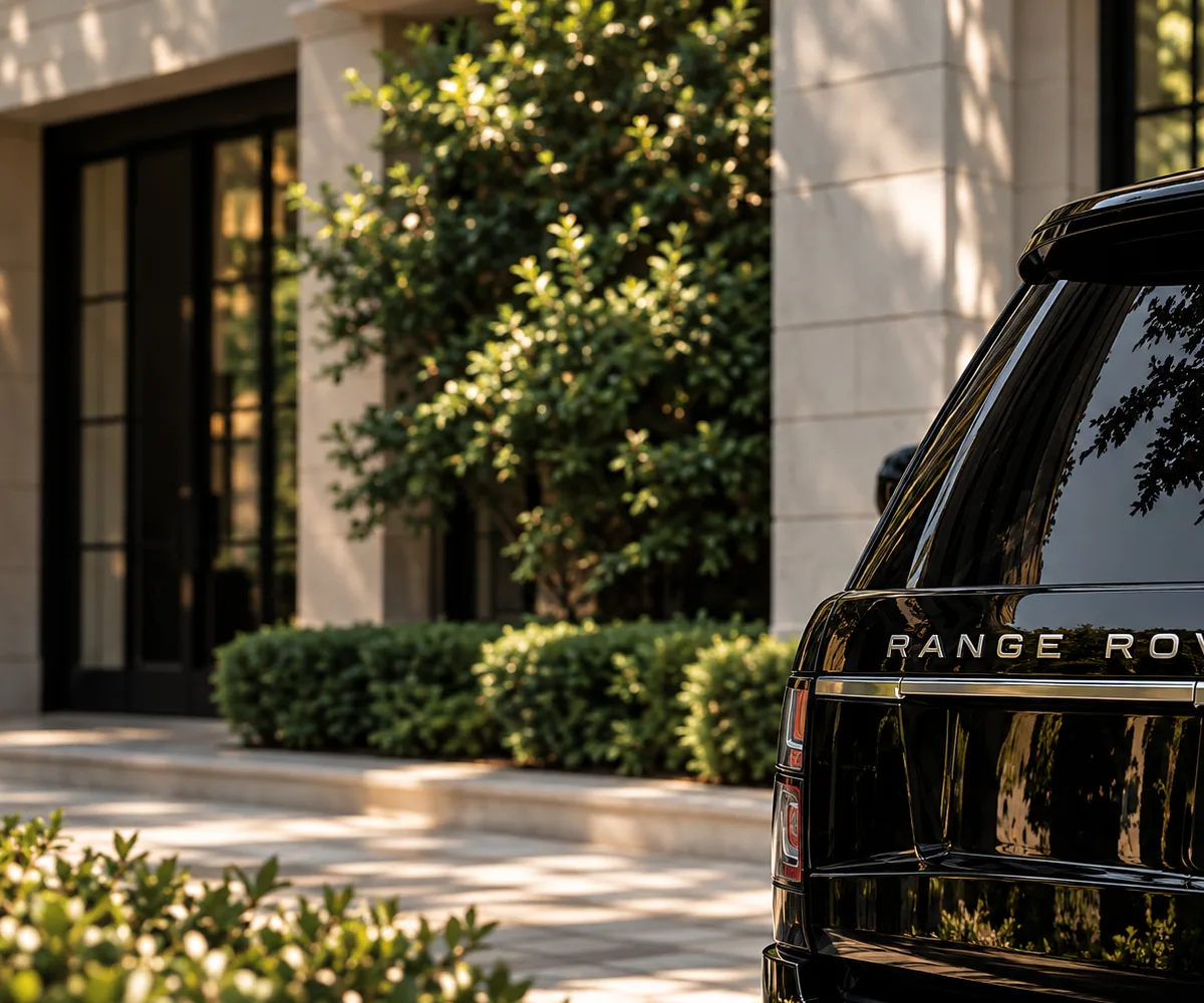 Rear of a black Range Rover parked at a limestone residence